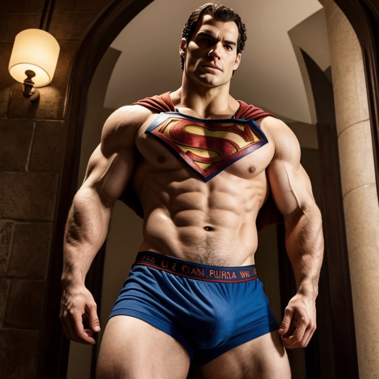Henry cavill, en boxers, con un bulto muy grande y largo en la entrepierna, mostrar cara .