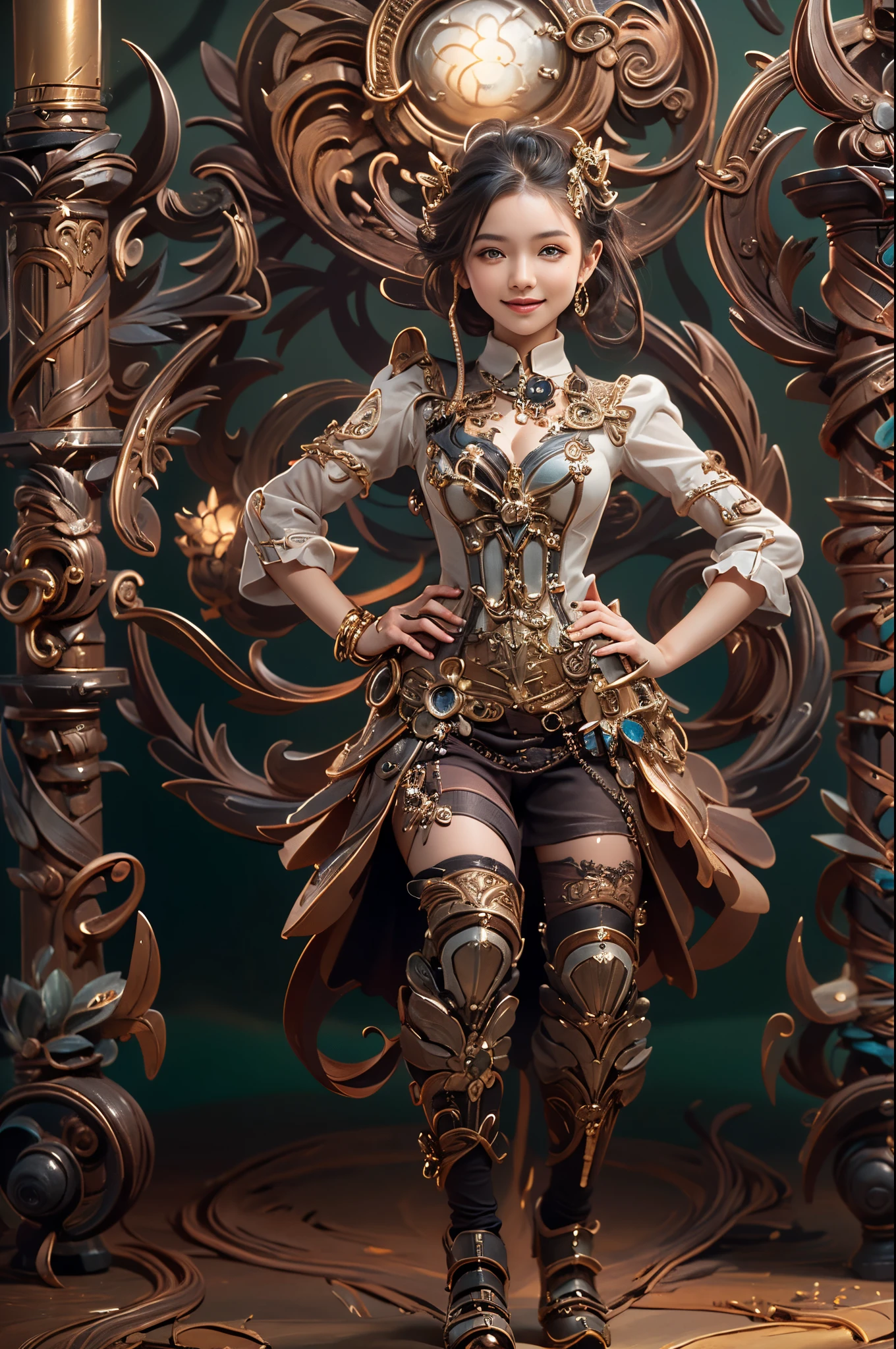 Smiling one girl with bionic arms in steampunk fashion, Capture in ultra-high resolution with photorealistic and beautiful lighting. This masterpiece of the highest quality、Set on tangled abstract background (Weighted by 1.4).