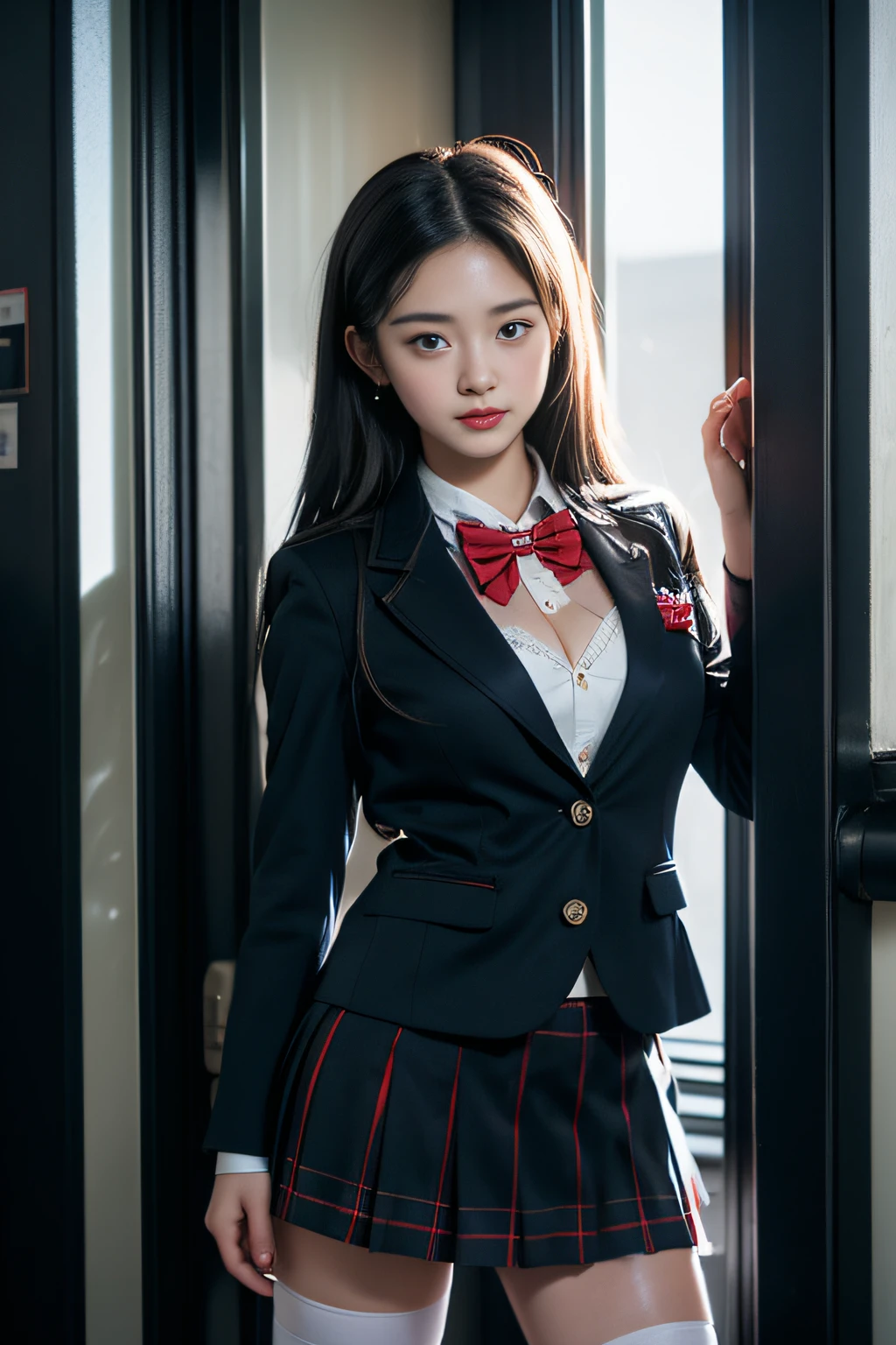 ((Female student sitting on bed ))，Charming eyes，Heartwarming action，Turn your face away from the camera，stooped，Bend over，turn back，Look up at your head，thick and long black hair，Highly detailed body，Highly detailed face，best qualtiy、(P boobs iNK underwear),(High School Girls),((White Blazer、emblem on breasts))、((Translucent blouse)),((red bowtie)),((navy check flare skirt)),(Black stockings)、((Outside the window, Hazy skyscrapers)),((White lace panties are visible))