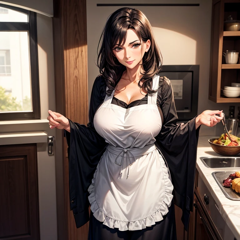 Mature and attractive woman,A MILF,mami,A dark-haired,Wearing an apron