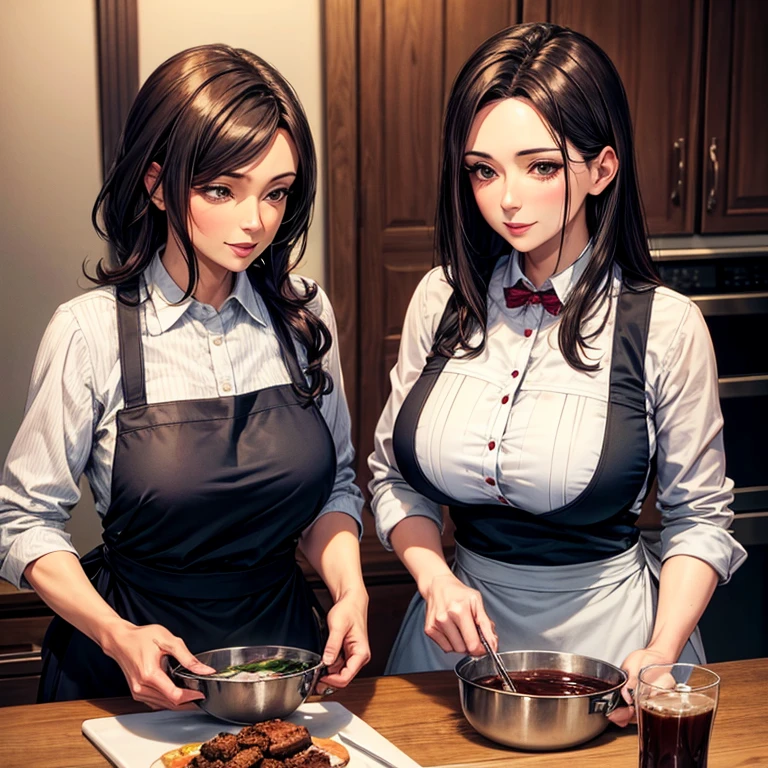 Mature and attractive woman,A MILF,mami,A dark-haired,Wearing an apron