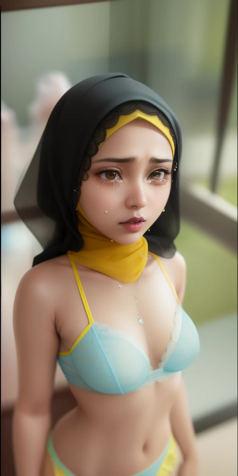 (((MALAY HIJAB GIRL))), (realistic, photo-realistic:1.4), (1girl), big breast, wearing light blue lace bra and panties, hand on hips, ((HEAVY NIPPLES)), (( TRANSPARENT )), ((YELLOW LACE )), ((RED LIPS)), ((SADNESS)), (((TEARS))).