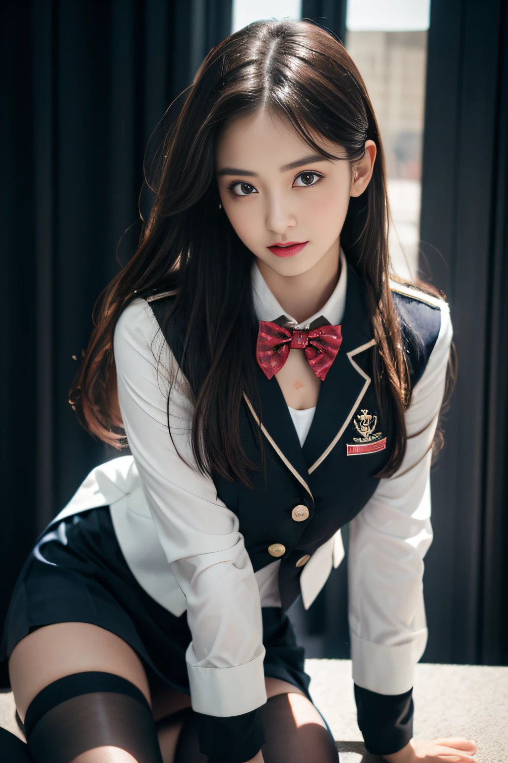 ( Do not train female students),Charming eyes,Heartwarming action,Turn your face away from the camera,stooped,Bend over,turn back,Look up at your head,thick and long black hair,Highly detailed body,Highly detailed face,best qualtiy、(P boobs iNK underwear),(High School Girls),((White Blazer、emblem on breasts))、((Translucent blouse)),((red bowtie)),((navy check flare skirt)),(Black stockings)、
