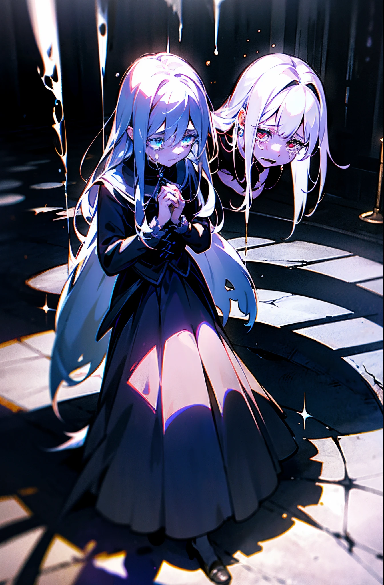 Create an image featuring two girls in a dark, candle-lit basement, One girl is (visibly crying and sad), overwhelmed by her emotions, The other girl is (magical girl who has succumbed to evil), (she stands behind the crying girl), her expression sinister as she attempts to turn the jewel on her chest black, symbolizing her fall from grace. The basement should be dimly lit, with numerous candles scattered on the floor, casting eerie shadows and creating a somber, mysterious atmosphere. The contrast between the two girls, one in despair and the other embodying darkness, should be striking and emotionally impactful.