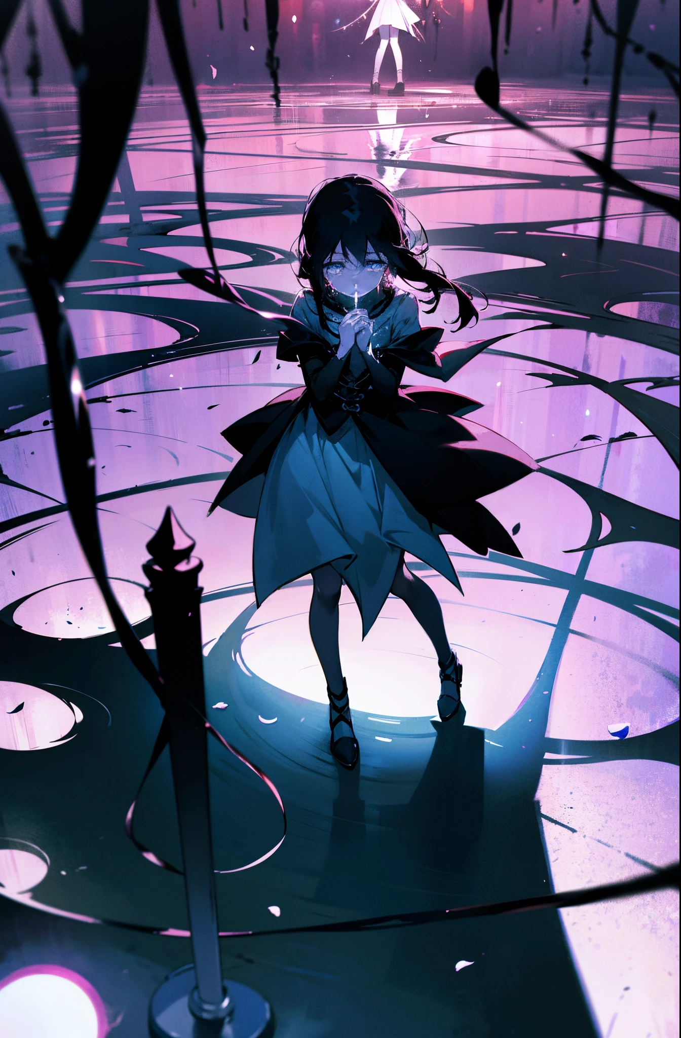 Create an image featuring two girls in a dark, candle-lit basement, One girl is (visibly crying and sad), overwhelmed by her emotions, The other girl is (magical girl who has succumbed to evil), (she stands behind the crying girl), her expression sinister as she attempts to turn the jewel on her chest black, symbolizing her fall from grace. The basement should be dimly lit, with numerous candles scattered on the floor, casting eerie shadows and creating a somber, mysterious atmosphere. The contrast between the two girls, one in despair and the other embodying darkness, should be striking and emotionally impactful.