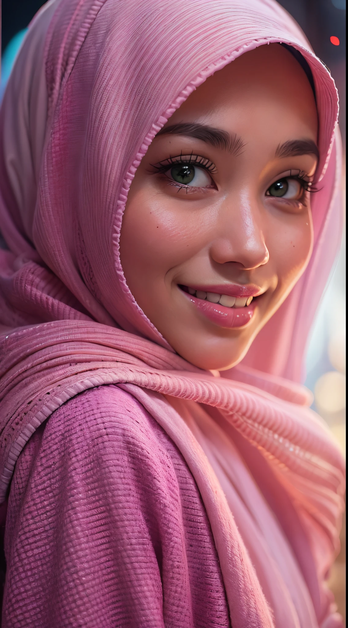 night scene, close up photo of a sexy naked malay girl with hijab, posing, look at a camera and smile, pink pastel hijab, (green eyes:0.8), cute young face, 18 yo, soft volumetric lightacklit:1.3), (cinematic:1.3), intricate details, (ArtStation:1.2)
