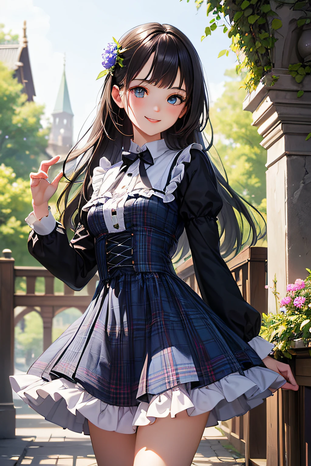 Very cute and beautiful girl,(very detailed beautiful face and eyes:1.2),
Smile,Black hair,Dynamic Pose,Beautiful legs,(Cowboy Shot),
Blue plaid ta dress with detailed ruffles,
Palace Gate,shrubbery,Small flowers,Distant trees々,
(Best Quality,masutepiece:1.2),Intricate details,hight resolution,1 girl,Solo,Cinematic lighting,