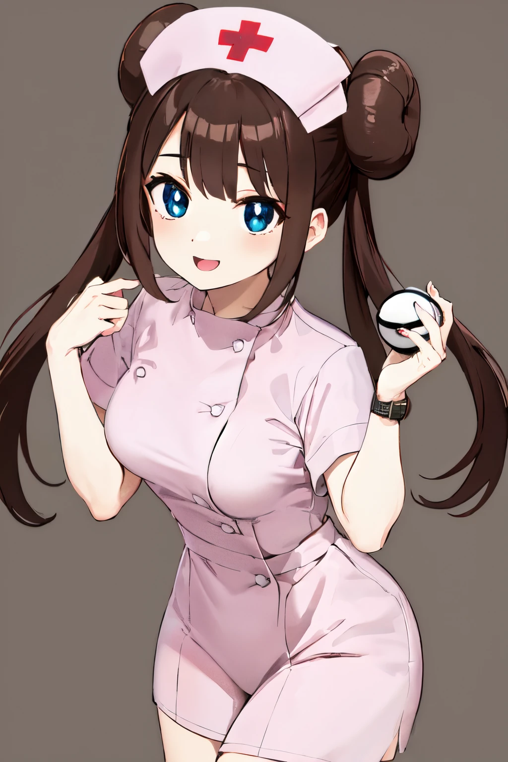 masuter piece, Best Quality, 超A high resolution, top-quality, Anime style, The best lighting, Beautiful face, ​masterpiece, Hi-Res, RO1, brown haired, Hair buns, blue eyess, Twin-tailed, (Nurse Costume:1.2), Pink ribbon, wrist watch,  Standing, cowboy  shot, pokeball \(basic\), A smile, (Hospital Background:1.3), 1girll, (a closeup:1.2)