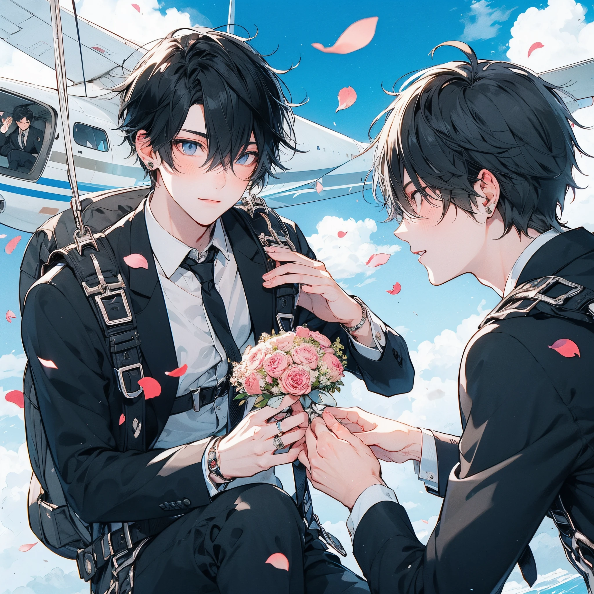 Two beautiful young men look at each other, Beautiful young man, 1man, Black hair, bridegroom's Clothes, skydiving, flower petals, Dyed cheeks, Propose while skydiving, Blue sky, Planes,High quality, amount of drawing, pixiv illustration