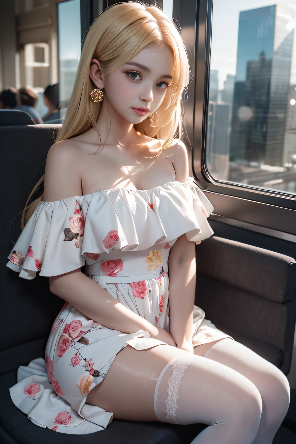 ((Girl sitting on train seat)),bright expression、Young shiny shiny white shiny skin、Best Look Rondo Reflective Light、Platinum blonde hair with dazzling highlights、shiny light hair,、Super long silky straight hair、Beautiful bangs that shine、Glowing crystal clear attractive big blue eyes、Very beautiful nice cute 16 year old girl、Lush bust,Beautiful detailed eyes, beautiful detailed nose,(( Full body:1.5)),Makeup that the eyes emphasize、Royal style，Comic style, , Sub-surface scattering, ornate detail, nature backdrop, Supergianthugebreasts, ((Cinematic)), Dramatic Lighting, masutepiece、((Floral dress isolated on off-shoulder white background:1.4))、(Loose and fluffy perm:1.4)、1 girl in、((Bob Hair:1.3))、Ultra realistic 8K CG, Picture-perfect face, flawless, clean, masutepiece, Professional artwork, famousartwork, Perfect face, Beautiful face, Beautiful eyes, ((Perfect female body)), Solo,(Immersive atmosphere, Chiaroscuro:1.5,Bright light:1.2,Luminous lighting),(blush:0.5),fascinated expression,Extremely detailed_Eyes,thick thighs,Large,beautifullydetailedbackground,depth of fields,Realistic:1.3, longshot,Sitting, Full body, (ambient lights:1.3),(Cinematic composition:1.3),(Neon light:0.1),(nffsw:0.1),Accent Lighting, pantyhose,((Outside the window, Hazy skyscrapers))