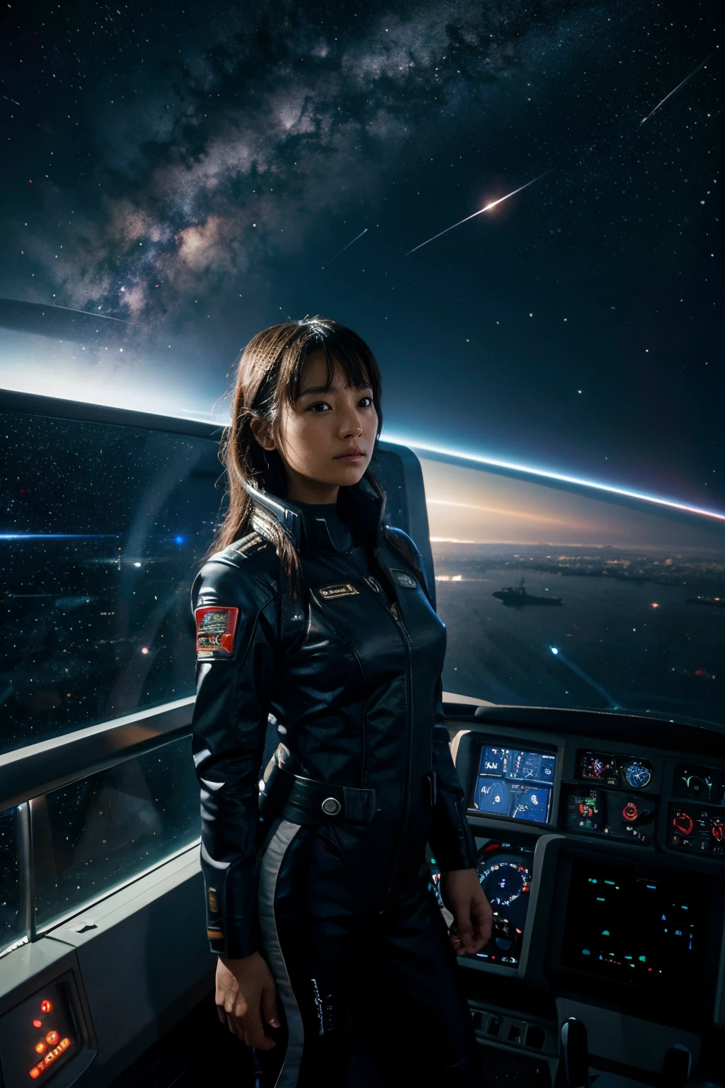starship, pilot, bridge of starship, Japanese girl, galaxy, outer space