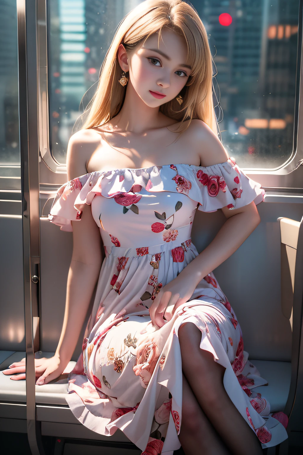 ((Girl sitting on train seat)),bright expression、Young shiny shiny white shiny skin、Best Look Rondo Reflective Light、Platinum blonde hair with dazzling highlights、shiny light hair,、Super long silky straight hair、Beautiful bangs that shine、Glowing crystal clear attractive big blue eyes、Very beautiful nice cute 16 year old girl、Lush bust,Beautiful detailed eyes, beautiful detailed nose,(( Full body:1.5)),Makeup that the eyes emphasize、Royal style，Comic style, , Sub-surface scattering, ornate detail, nature backdrop, Supergianthugebreasts, ((Cinematic)), Dramatic Lighting, masutepiece、((Floral dress isolated on off-shoulder white background:1.4))、(Loose and fluffy perm:1.4)、1 girl in、((Bob Hair:1.3))、Ultra realistic 8K CG, Picture-perfect face, flawless, clean, masutepiece, Professional artwork, famousartwork, Perfect face, Beautiful face, Beautiful eyes, ((Perfect female body)), Solo,(Immersive atmosphere, Chiaroscuro:1.5,Bright light:1.2,Luminous lighting),(blush:0.5),fascinated expression,Extremely detailed_Eyes,thick thighs,Large,beautifullydetailedbackground,depth of fields,Realistic:1.3, longshot,Sitting, Full body, (ambient lights:1.3),(Cinematic composition:1.3),(Neon light:0.1),(nffsw:0.1),Accent Lighting, pantyhose,((Outside the window, Hazy skyscrapers))