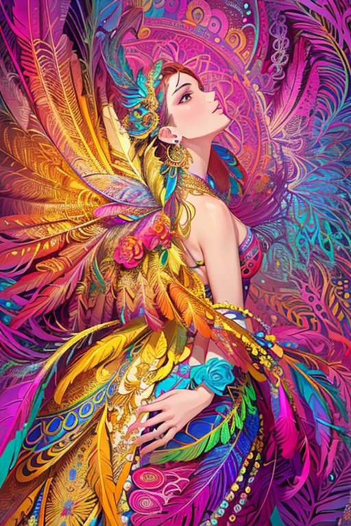 (masterpiece, top quality, best quality, official art, beautiful and aesthetic:1.2), (1girl:1.3), extremely detailed,(fractal art:1.1),(colorful:1.1)(flowers:1.3),highest detailed,(zentangle:1.2), (dynamic pose), (abstract background:1.3), (shiny skin), (many colors:1.4), ,(earrings:1.4), (feathers:1.4)