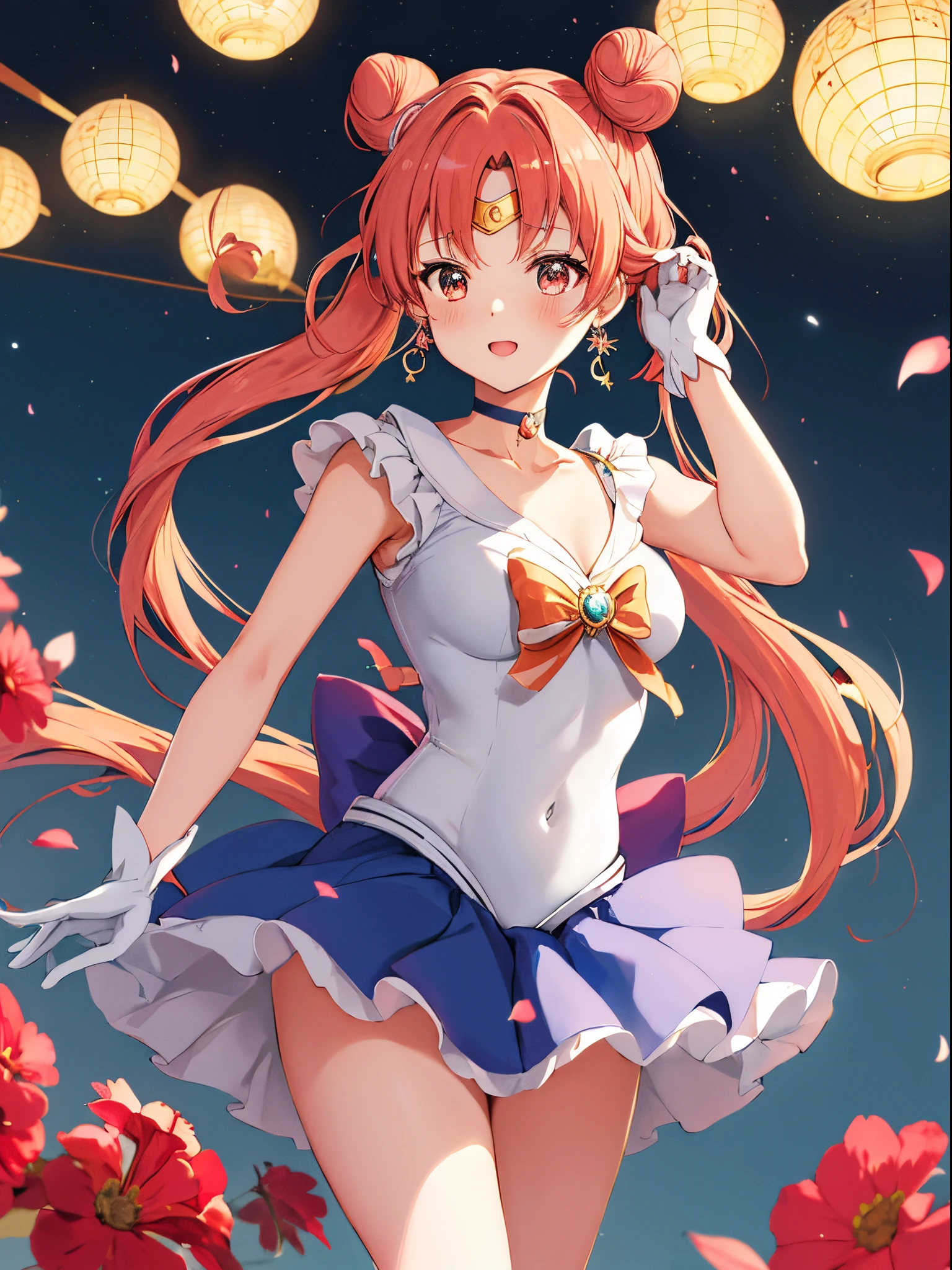 masutepiece, Best Quality, hight resolution, 1girl in, Tsukino Usagi、sailormoon, Double bun, Twin-tailed, Parted bangs, Hair Ornament, circlet, Jewelry, earrings, Choker, Red bow, White Gloves, elbow groves, Blue skirt, Cowboy Shot, Standing
