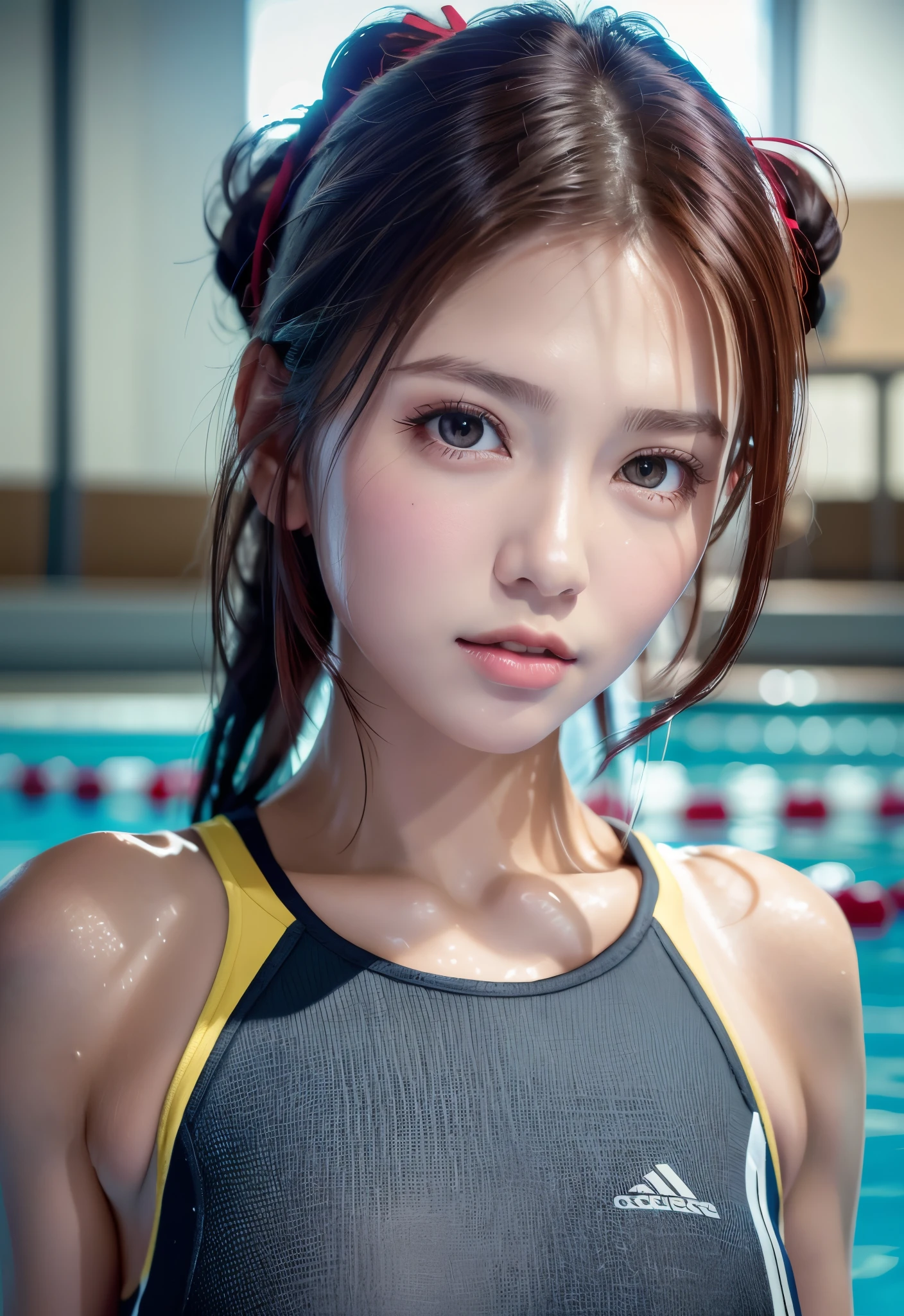 8K, of the highest quality, masutepiece:1.2), (Realistic, Photorealsitic:1.3), of the highest quality, masutepiece, Beautiful young woman, Pensive expression, Thoughtful look, Competitive swimmers、swim wears、Hair tied back, Cinematic background, Light skin tone、wetted skin