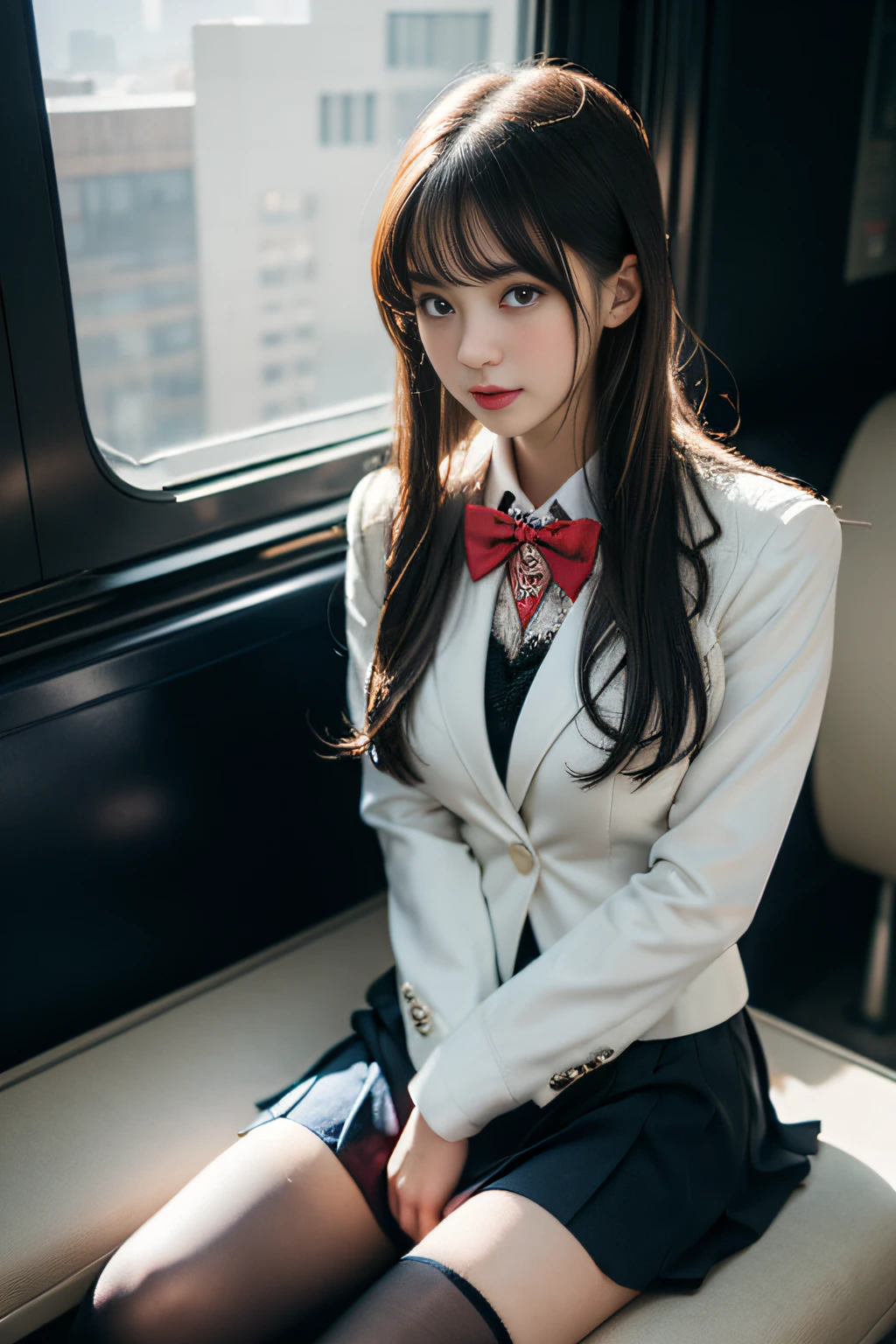 Cool idol girl、whole body、Good style、、、、、、、、、、Tanned thick legs、Inside the train at night、Shiny Red Tight Mini Dress、Wearing a tie、、Cross Belt、Light Brown Long Hair、Cool Red Jacket