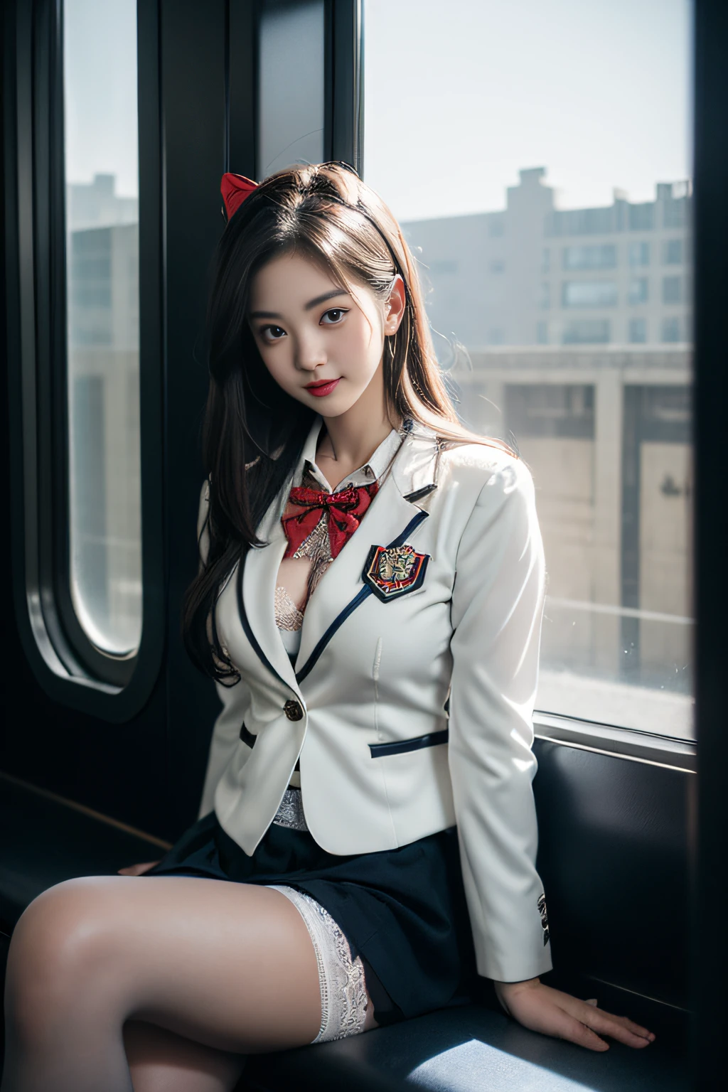 ((Female student sitting on a train seat ))，Charming eyes，Heartwarming action，Turn your face away from the camera，stooped，Bend over，turn back，Look up at your head，thick and long black hair，Highly detailed body，Highly detailed face，best qualtiy、(P boobs iNK underwear),(High School Girls),((White Blazer、emblem on breasts))、((Translucent blouse)),((red bowtie)),((navy check flare skirt)),(Black stockings)、((Outside the window, Hazy skyscrapers)),((White lace panties are visible))