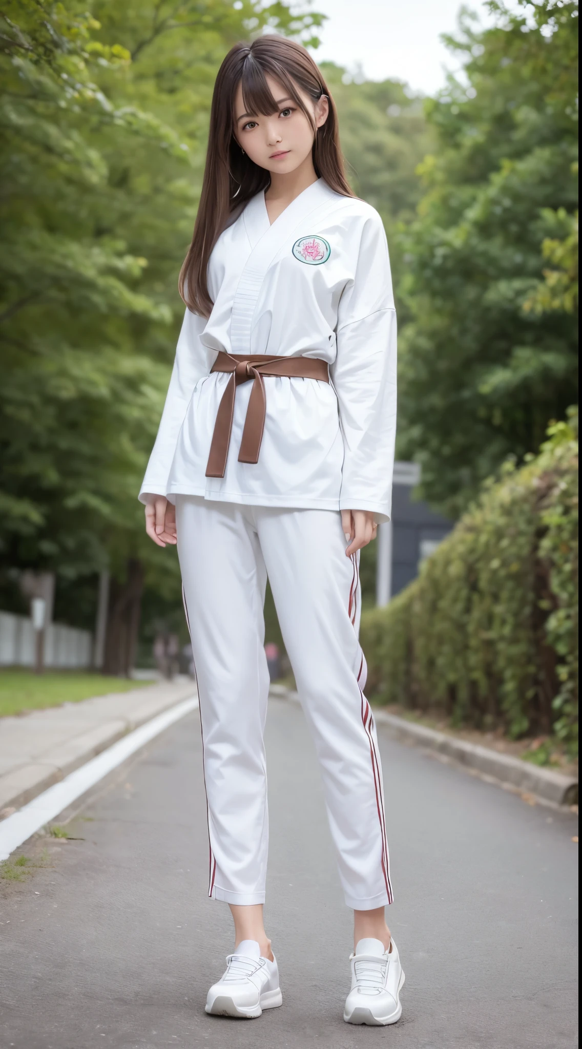 (Photorealsitic)(10yaers old), Pretty Woman, (Full body 8K portrait), 1 girl in, White Karate Uniform, White karate pants, Stand alone, Large and dynamic hand and foot movements, Stick out your fist, Make a high side kick, Correct skeleton, Perfect facial detail, (Smile: 1.15), attractive beautiful face, gazing at viewer, a small face, 二重まぶた, Beautiful detailed eyes, long eyeslashes, ligh brown hair, bobhair,style hairstyle, Toned waist, Beautiful thin legs, toned ankles, bare-legged ,TOKYOcty, Green in the background, no nsfw
