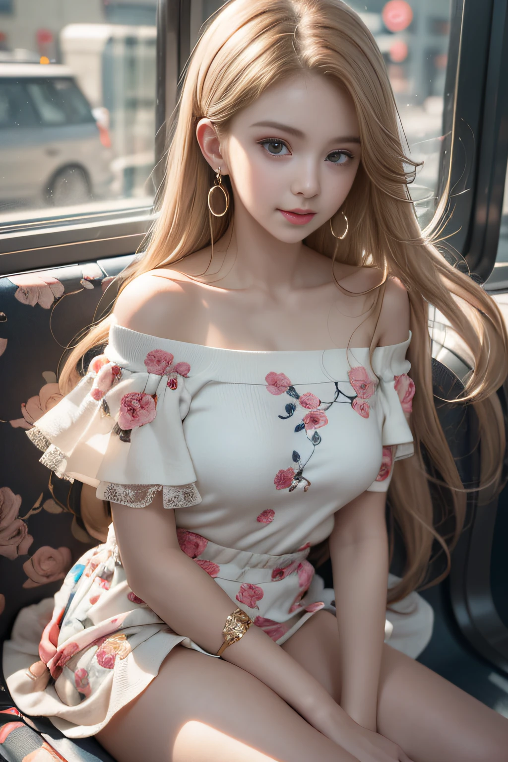 ((Girl sitting on train seat)),bright expression、Young shiny shiny white shiny skin、Best Look Rondo Reflective Light、Platinum blonde hair with dazzling highlights、shiny light hair,、Super long silky straight hair、Beautiful bangs that shine、Glowing crystal clear attractive big blue eyes、Very beautiful nice cute  girl、Lush bust,Beautiful detailed eyes, beautiful detailed nose,(( Full body:1.5)),Makeup that the eyes emphasize、Royal style，Comic style, , Sub-surface scattering, ornate detail, nature backdrop, Supergianthugebreasts, ((Cinematic)), Dramatic Lighting, masutepiece、((Off-shoulder dress with floral print on a white background, Mini skirt type:1.4))、(Loose and fluffy perm:1.4)、1 girl in、((Bob Hair:1.3))、Ultra realistic 8K CG, Picture-perfect face, flawless, clean, masutepiece, Professional artwork, famousartwork, Perfect face, Beautiful face, Beautiful eyes, ((Perfect female body)), Solo,(Immersive atmosphere, Chiaroscuro:1.5,Bright light:1.2,Luminous lighting),(blush:0.5),fascinated expression,Extremely detailed_Eyes,thick thighs,Large,beautifullydetailedbackground,depth of fields,Realistic:1.3, longshot,Sitting, Full body, (ambient lights:1.3),(Cinematic composition:1.3),(Neon light:0.1),(nffsw:0.1),Accent Lighting, Black stockings,((Outside the window, Hazy skyscrapers))((White lace panties are visible))、