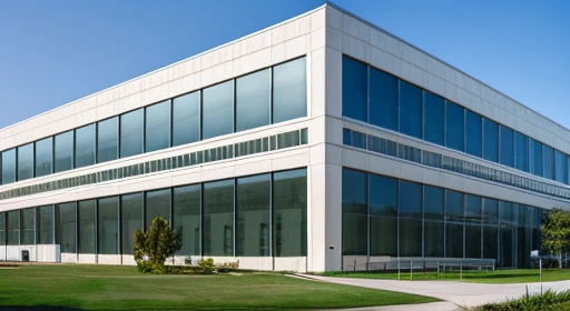 Perspective view of a modern building with curtain wall exterior, Modern architecture, Three floors, Shows the entire building, research center, medical research facility, with no people, A park appears in the background, Office, plumbing balcony, research complex, Outer roads are visible, lawn, big entrance