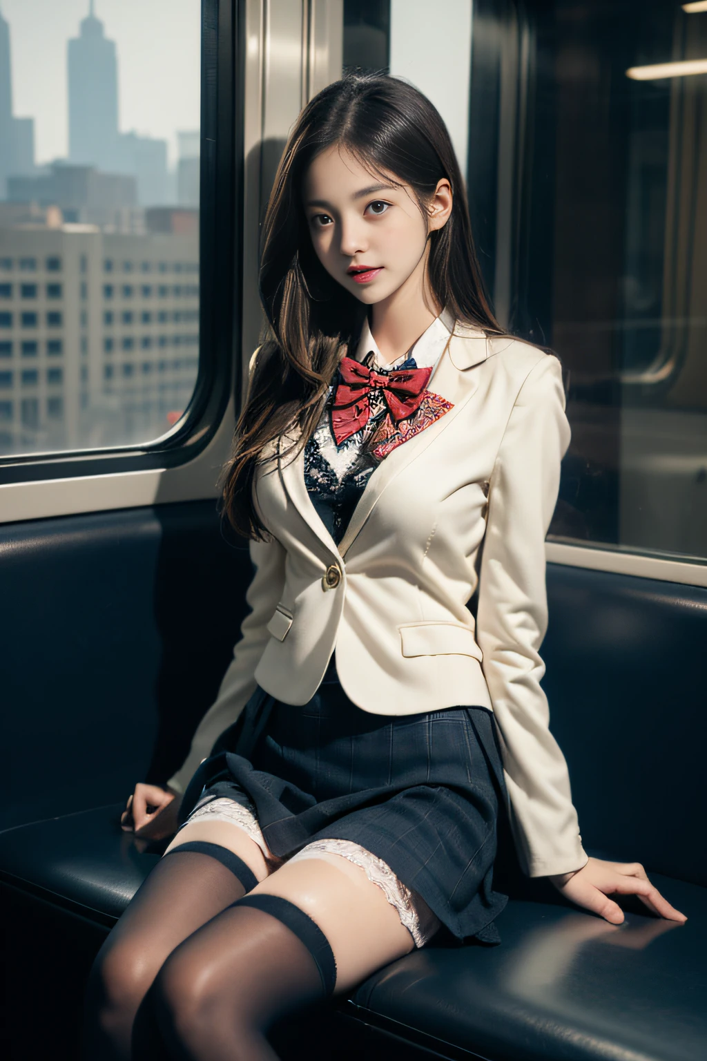 ((Female student sitting on a train seat ))，Charming eyes，Heartwarming action，Turn your face away from the camera，stooped，Bend over，turn back，Look up at your head，thick and long black hair，Highly detailed body，Highly detailed face，best qualtiy、(P boobs iNK underwear),(High School Girls),((White Blazer、emblem on breasts))、((Translucent blouse)),((red bowtie)),((navy check flare skirt)),(Black stockings)、((Outside the window, Hazy skyscrapers)),((White lace panties are visible))