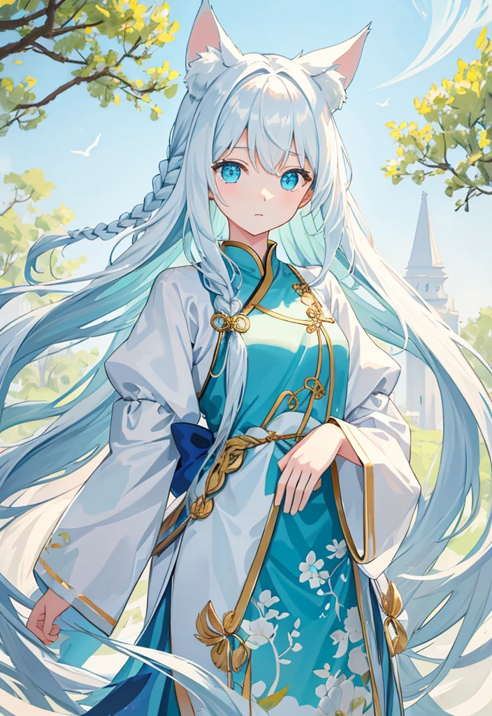 A masterpiece of CG art，The painting style  fresh and soft。The subject  a beautiful girl，Has a childlike appearance。，Cyan eyes，skin  smooth and fair，A manicured white coat flutters in the wind，Long white hair hanging down，The posture of looking up at the sky  beautiful，Hair Fluttering in the Wind，Side braids are elegant and charming。The unique composition of the upper body of the picture，Highlight the delicate beauty of beautiful girls， yet charming。Colossal titposed。Background night。face to the viewer。Imperial sister。Hair turned completely white。Fox ears