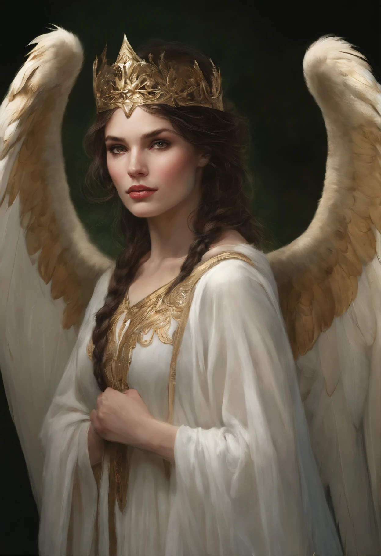 真实感, dark fantasy style, John Tolkien style, Small painting by Jean-Baptiste Monge, portraite of a, looks from the front, Soft facial features,  angel girl with feather wings, Bright make-up, hugs a horse with wings, Average height, dark pink lips, thin lip shape ,"Cool eyebrows in the shape of Angryburts, dark brown eyes, green colored eyes, bright green eye color, drooping eye shape, drooping corner of the eye, looking at away,  black  hair, hair braided in a long thick tight braid,  classic braid, hairstyle with classic braid, slightly upturned duck nose,   in the hands of the sword of the heavenly warrior,   Human Hand, Very clear without flaws with five fingers ,in the form of a Valkyrie,  Carol Buck style, behind his back are huge open angel wings, Sword in hand,Human Hand, Very clear without flaws with five fingers, golden cape on wings, Slightly naked, Priestesses, dressed in white and gold clothes, holy golden armor, Celestial Queen,  next to him stands a white horse with wings, hugging the horse in the foreground, rain dripping in the foreground, The sky, rainbow, Jean-Baptiste Monge, anthropomorphic --ar 2:3 --testp -optimistic;