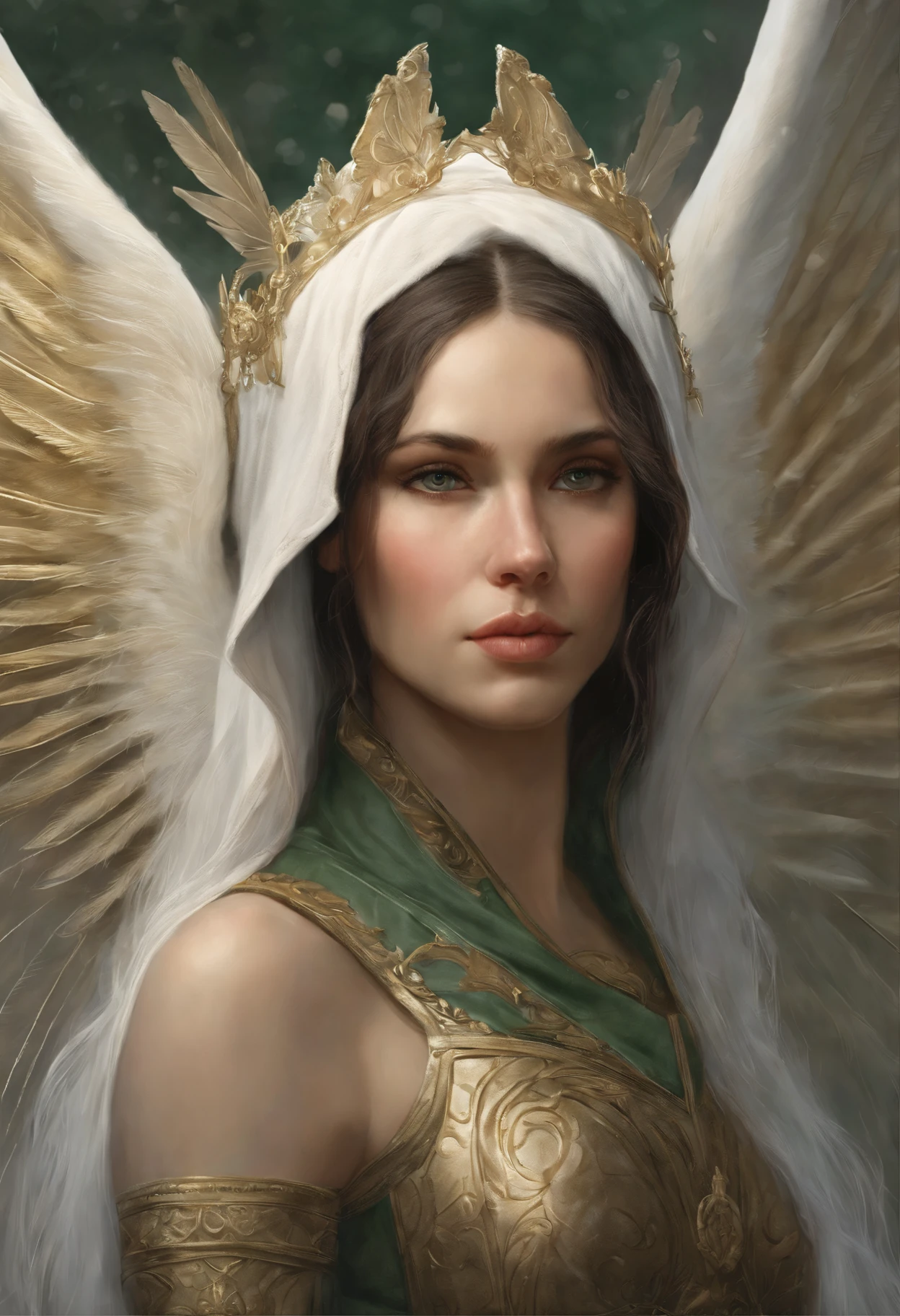 真实感, dark fantasy style, John Tolkien style, Small painting by Jean-Baptiste Monge, portraite of a, looks from the front, Soft facial features, angel girl with feather wings, Bright make-up, hugs a horse with wings, Average height, dark pink lips, thin lip shape ,"Cool eyebrows in the shape of Angryburts, dark brown eyes, green colored eyes, bright green eye color, drooping eye shape, drooping corner of the eye, looking at away, black hair, hair braided in a long thick tight braid, classic braid, hairstyle with classic braid, slightly upturned duck nose, in the hands of the sword of the heavenly warrior, Human Hand, Very clear without flaws with five fingers ,in the form of a Valkyrie, Carol Buck style, behind his back are huge open angel wings, Sword in hand,Human Hand, Very clear without flaws with five fingers, golden cape on wings, Slightly naked, Priestesses, dressed in white and gold clothes, holy golden armor, Celestial Queen, next to him stands a white horse with wings, hugging the horse in the foreground, rain dripping in the foreground, The sky, rainbow, Jean-Baptiste Monge, anthropomorphic --ar 2:3 --testp -optimistic;