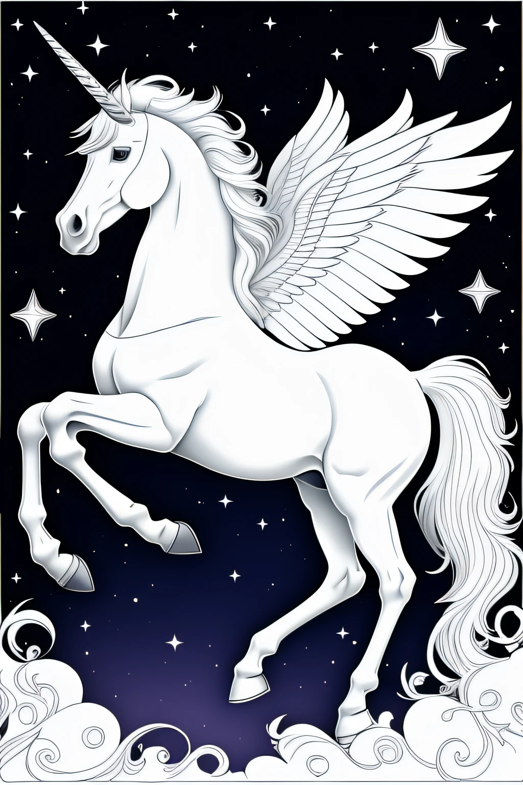 WHITE BACKGROUNDS PAGE Unicorn HORSE PEGASUS WINGS CLEAR OUTLINE Coloring Pages Graphic FULL BODY