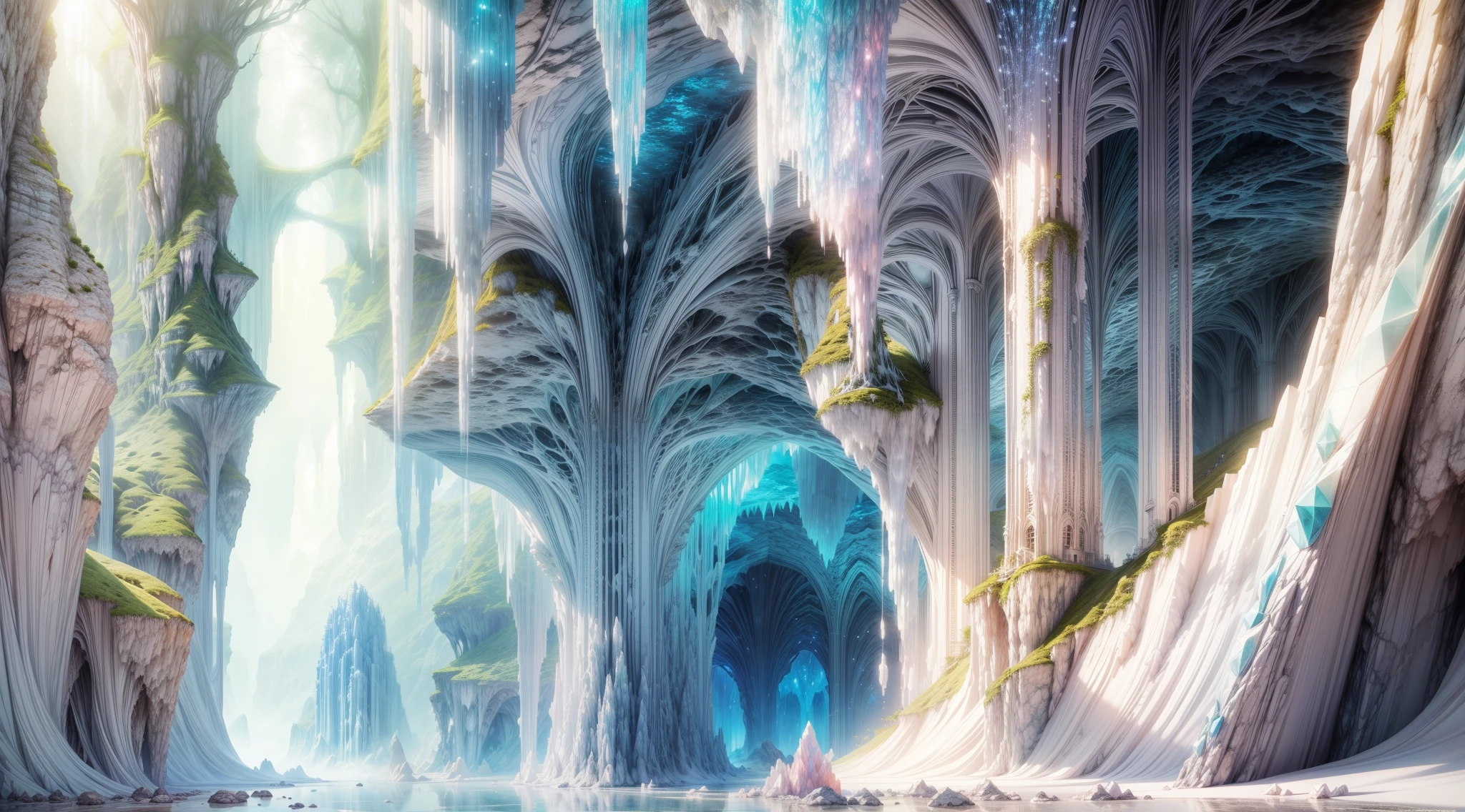 Crystal caves with a soft, ethereal glow, on eye level, scenic, masterpiece.