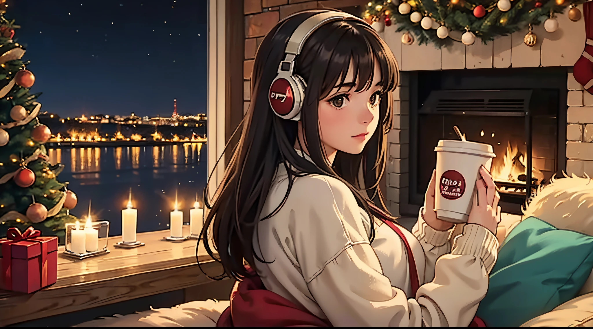 lofi brunette girl with headphones sitting on the floor with a cup of coffee in front of a christmas tree, christmas vibe, night, fireplace, cosy vibes, cozy, seasons!! : 🌸 ☀ 🍂 ❄, 😭🤮 💔, cozy aesthetic, highly christmas decorated, 🕹️ 😎 🔫 🤖, with a tree in the background, back view, ultra high quality, high details