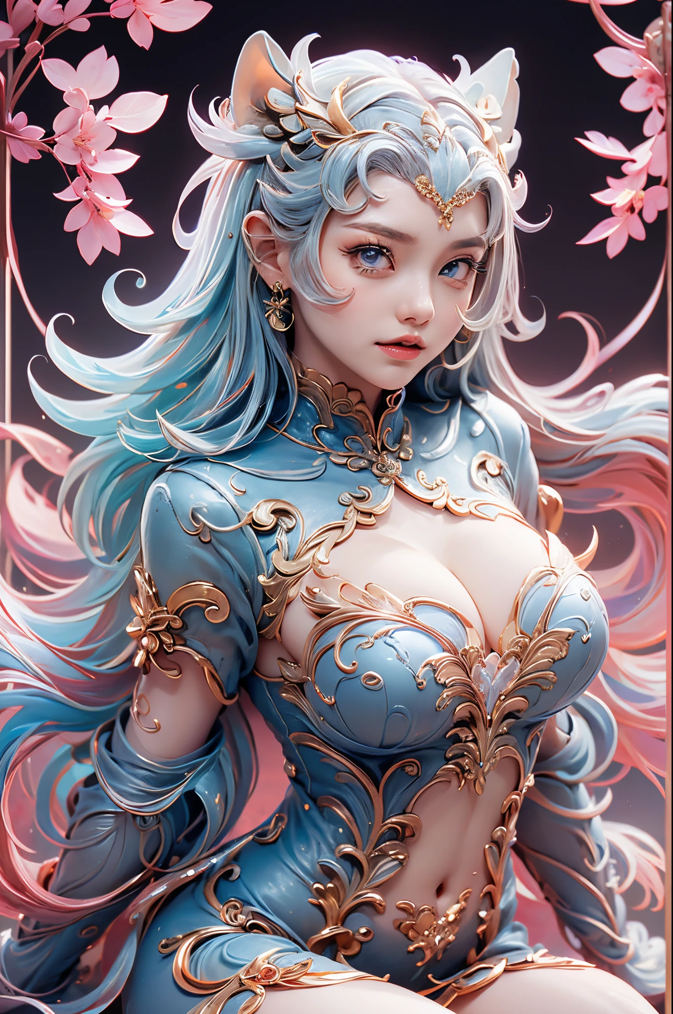 masutepiece, Best Quality, 1girl in, illustrious (The brilliance of the maiden Lily) (azur lane), White hair, Very long hair, Blue eyes, Hair ornaments, breasts, cleavage, qipao dress, chinese clothes, official alternate costume, white thighhig, garter strap, Short sleeves, lantern,
