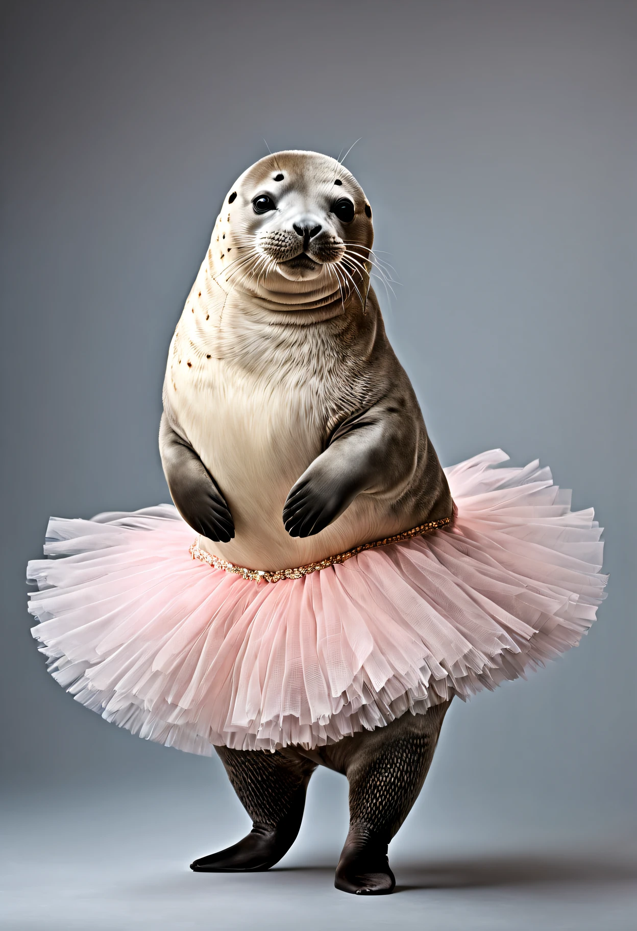 photorealistic portrait of Dressed animals - a fat seal ballet dancer,( ballet action posing), fluffy body, high quality,(lovely) ,intricate details, highly detailed ((female ballet costume)) ,highly detailed tutu, (happy), studio lighting,(full body image:1.5)