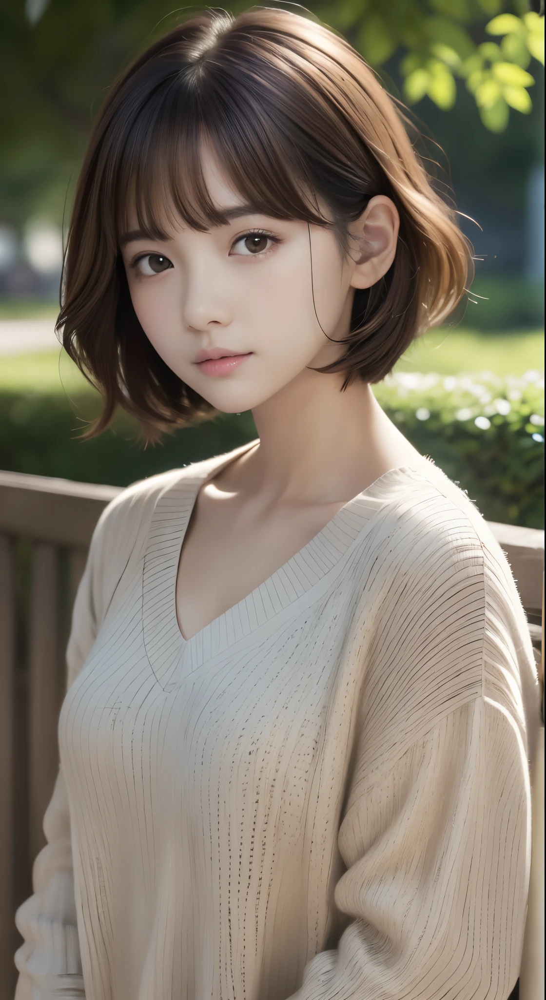 masutepiece, Best Quality, Illustration, Ultra-detailed, finely detail, hight resolution, 8K Wallpaper, Perfect dynamic composition、16 year old cute girl、detailed beautiful faces、detailed cute eyes、Textured skin、Faintly open lips、Wavy brown short-cut hair、Sexy shot looking at camera、a park、