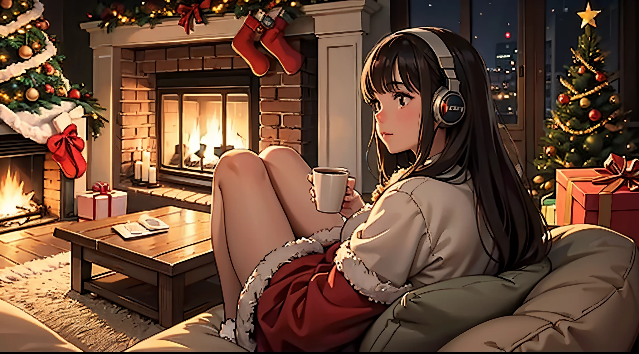 lofi brunette girl with headphones sitting on the floor with a cup of coffee in front of a christmas tree, christmas vibe, night, fireplace, cosy vibes, cozy, seasons!! : 🌸 ☀ 🍂 ❄, 😭🤮 💔, cozy aesthetic, highly christmas decorated, 🕹️ 😎 🔫 🤖, with a tree in the background, back view, ultra high quality, high details