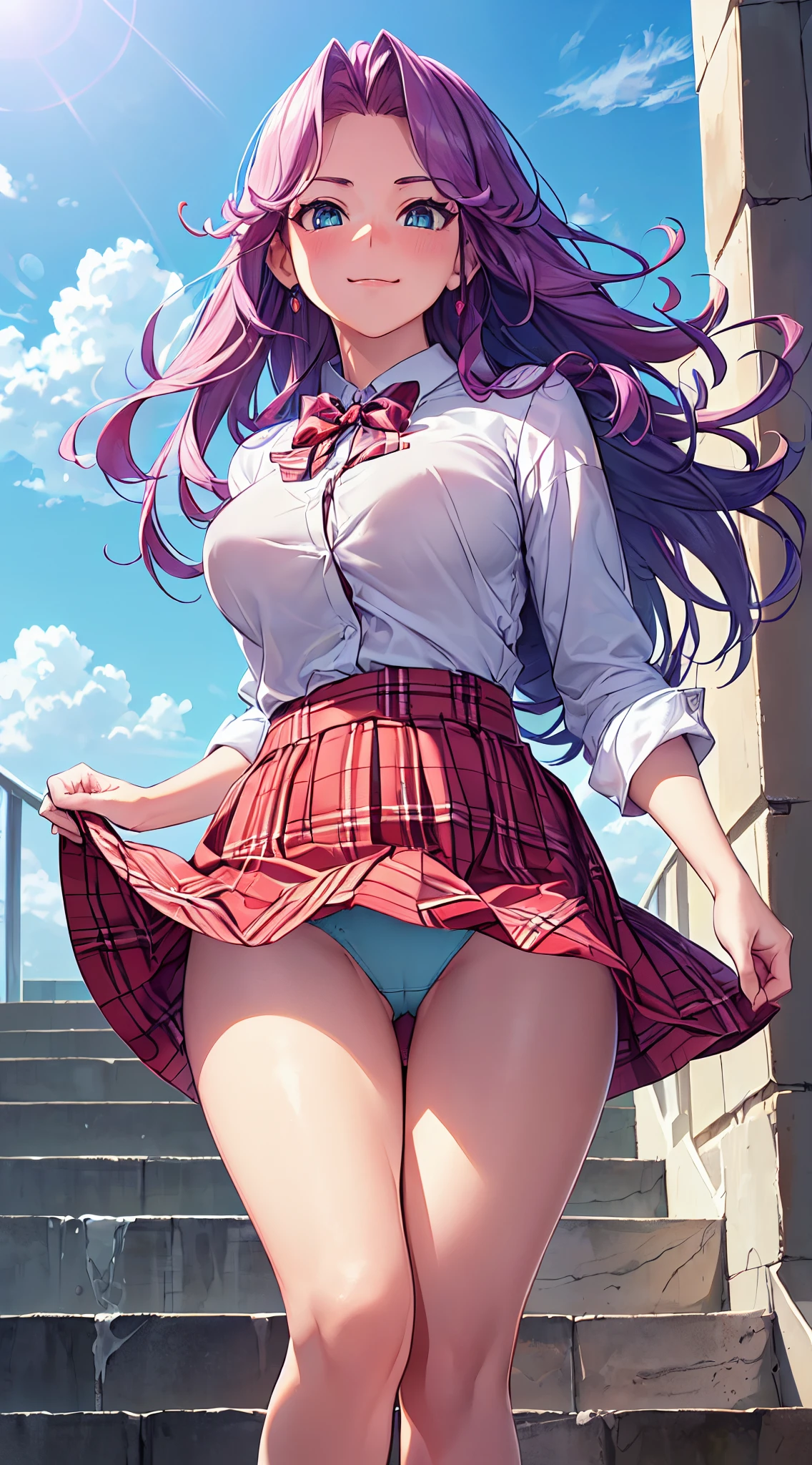 ((masutepiece, Best Quality, hight resolution, nffsw, Perfect Pixel,  4K, nffsw, nffsw))), 1girl in, Single, Solo, Beautie、full body seen、 ((Middle Wave Hair, Bangs, Purple hair)), ((verd s eyes, Beautiful eyelashes, Realistic eyes)), ((Detailed face, Blushing:1.2)), ((Smooth texture:0.75, Realistic texture:0.65, Photorealistic:1.1, Anime CG style)), huge-breasted,big butts、thick thighs、 Dynamic Angle, Perfect body,  ((red bowtie, School uniform, , White shirt, Black skirt, plaid skirts)), City staircase、Looking up from the bottom of the stairs、Very embarrassing panic smile、(The wind blew my skirt up, exposing my panties......................、Light blue panties)、