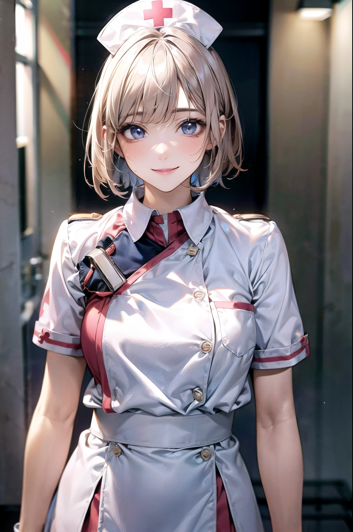 ((((perfect anatomy, anatomically correct, super detailed skin)))), 1 girl, japanese, 19 years old, nurse, white skin, shiny skin, large breasts:0.5, watching the view, (smile:1.5),
beautiful detailed eyes, (short hair:1.2, bob cut:1.2), blonde hair, blue eyes, pink lips, babyface, mole under eye,
((nurse cap, short sleeves, light pink nurse wear, ((white legwear, zettai ryouiki)), white gloves)),
(beautiful scenery), day time, , ((inside hospital bed-room, modern)), standing, ((holding syringe)),
(8k, best quality, masterpiece, ultra-detailed, ), (photorealistic:1.2), illustration, cinematic lighting,