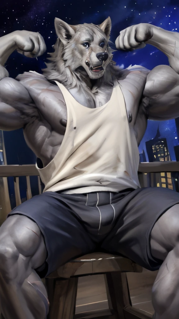 blaidd, in partial shadows, 4k, high resolution, best quality, perfect colors, perfect shadows, perfect lighting, posted on e621, furry body, solo, male, masculine, (very muscular, buff, heavyweight, strong body:1.6), correct anatomy, (photorealistic fur, detailed fur, epic, masterpiece:1.2), (black nipples:1.2) (arms flexing:1.7), (modern city background, starry sky, night, cold), (by Taran Fiddler, by Chunie, by Traver009, by wfa:1.1), (detailed eyes, blue eyes:1.2), (full body:1.1), strong posture, (large scars on body, scars on face:1.1), (visible breath:1.5), (veins, vascular:1.2), messy fur, gruff, (sitting down:1.2), (tank top with exposed nipples:1.5), (board shorts:1.5), (sneakers:1.5), (detailed hands:1.7)