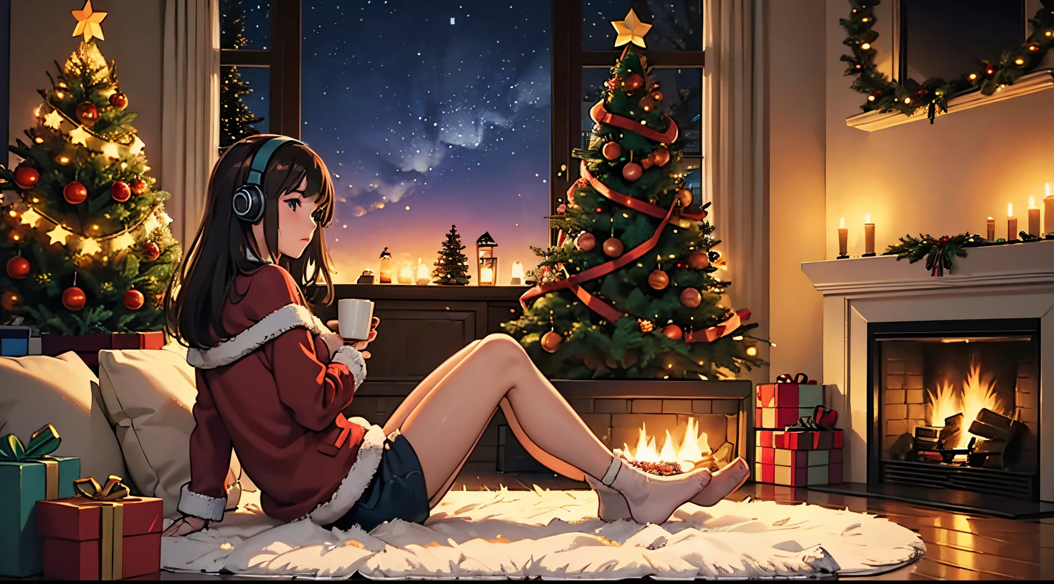 lofi brunette girl with headphones sitting on the floor with a cup of coffee in front of a christmas tree, christmas vibe, night, fireplace, cosy vibes, cozy, seasons!! : 🌸 ☀ 🍂 ❄, 😭🤮 💔, cozy aesthetic, highly christmas decorated, 🕹️ 😎 🔫 🤖 🚬, with a tree in the background, back view