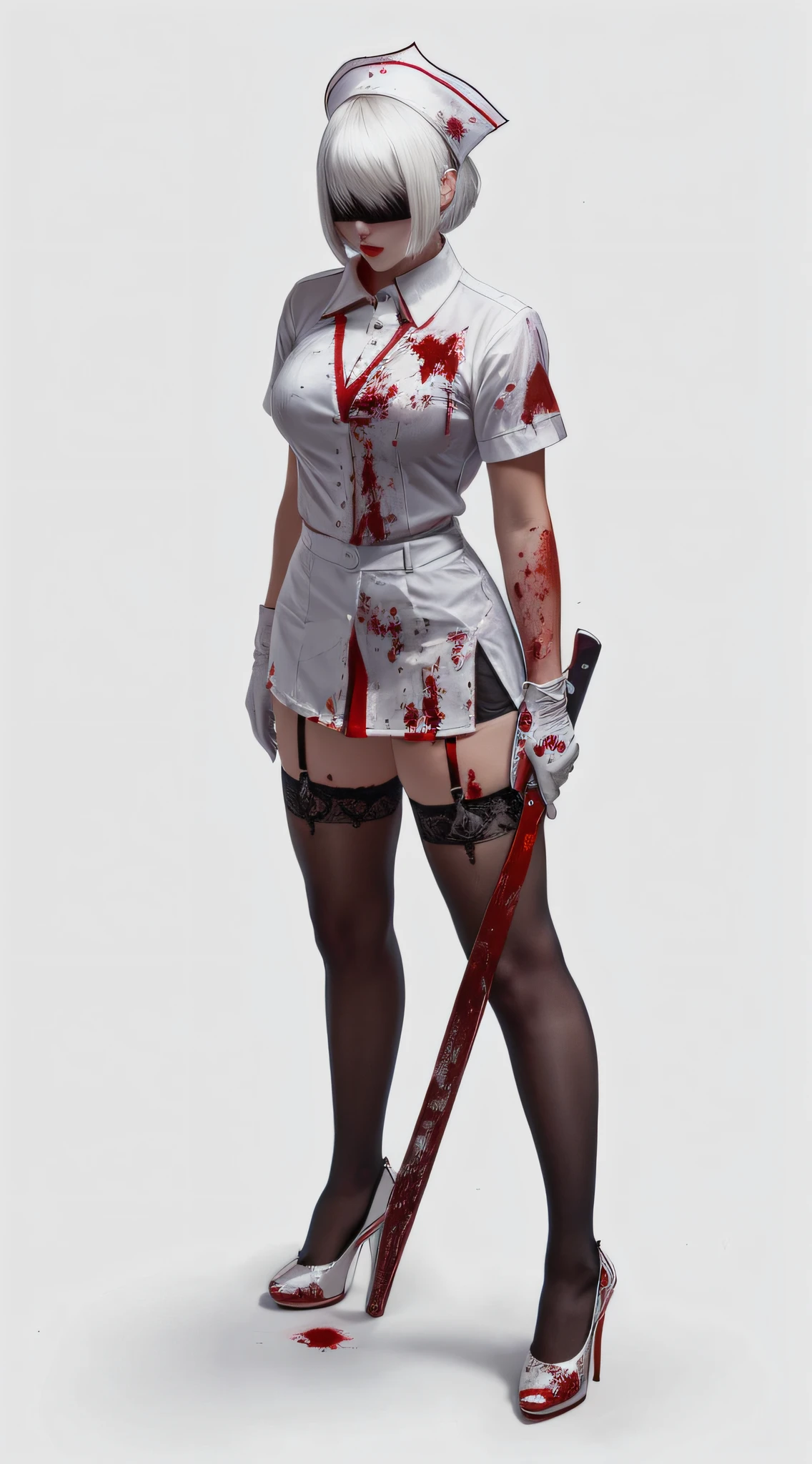 The head is a white lump.. ,Short sleeve shirt, Demons ,No face.. ,Female,bloody nurse'shirt of, large boobs , huge thighs , high-res ,Wear black stockings.. , high heels, Knife holder, Blood. ,blood stained gloves
