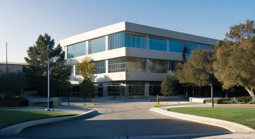 Perspective view of a modern building with a blind wall outside the balcony, Modern architecture, Three floors, Shows the entire building, wide angle exterior, research center, medical research facility, with no people, A park appears in the background, Office, plumbing balcony, research complex, Outer roads are visible, lawn, big entrance