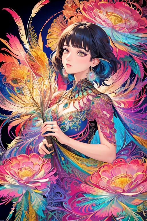 (masterpiece, top quality, best quality, official art, beautiful and aesthetic:1.2), (1girl:1.3), extremely detailed,(fractal art:1.1),(colorful:1.1)(flowers:1.3),highest detailed,(zentangle:1.2), (dynamic pose), (abstract background:1.3), (shiny skin), (many colors:1.4), ,(earrings:1.4), (feathers:1.4)