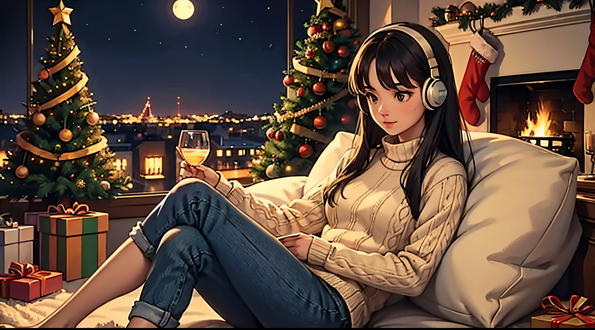 a lofi relaxed girl with headphones sitting on the floor in front of a christmas tree, looking at tree, back view, holiday vibe, christmas night, ✨🕌🌙, christmas decorated, sweater, long hair, brunette, with a tree in the background, cozy, beautiful, with a tall tree, christmas tree, 😎 🕹️ 👀 :2, cozy setting, fireplace