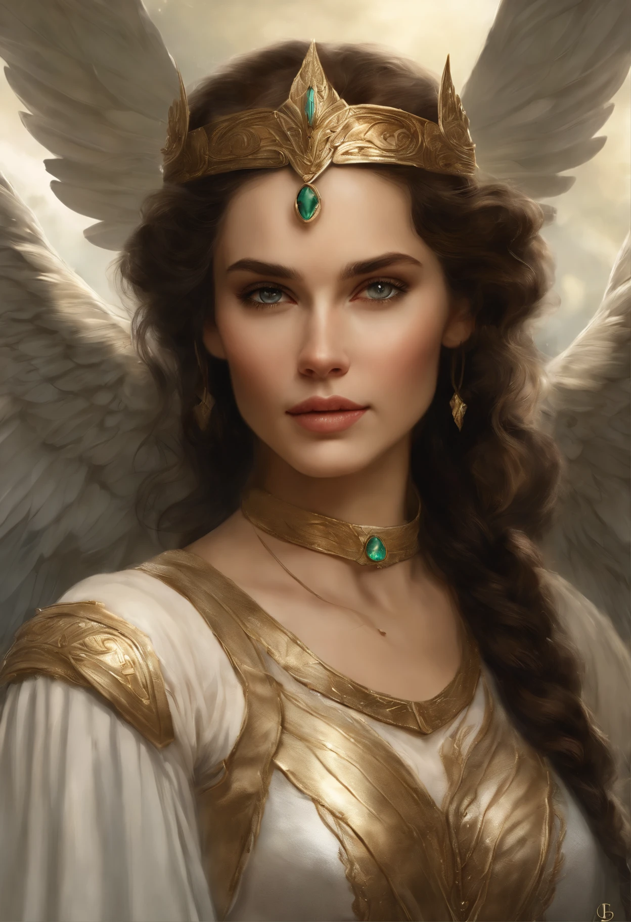 真实感, dark fantasy style, John Tolkien style, Small painting by Jean-Baptiste Monge, portraite of a, looks from the front, Soft facial features, Green-eyed angel girl with feathers on her wings, ,Human Hand, very clear without flaws five fingers bright makeup, hugs a horse with wings, Average height, dark pink lips, thin lip shape ,"Cool eyebrows in the shape of Angryburts, dark brown eyes, green colored eyes, bright green eye color, drooping eye shape, drooping corner of the eye, looking at away, black hair, hair braided in a long thick tight braid, classic braid, hairstyle with classic braid, slightly upturned duck nose, in the hands of the sword of the heavenly warrior, Human Hand, Very clear without flaws with five fingers ,in the form of a Valkyrie, Carol Buck style, behind his back are huge open angel wings, Sword in hand,Human Hand, Very clear without flaws with five fingers, golden cape on the wings, Slightly naked, Priestesses, dressed in white and gold clothes, holy golden armor, Celestial Queen, next to him stands a white horse with wings, hugging the horse in the foreground, rain dripping in the foreground, The sky, rainbow, Jean-Baptiste Monge, anthropomorphic --ar 2:3 --testp -optimistic;