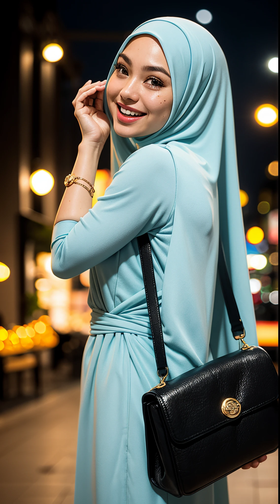 Malay girl, very long white hair,wear soft blue Mini Dress , laughing and posing with hand on head, touching her own head, wear handbag, from back view, hijab blown, windy, detail skin, age spot, detail skin texture, mole below eyes, small breast, flat chest, wide hips, small waists, thick thighs, slim abs, beautiful body, nighttime, laughing, happy, bright lighting, crowded cafe, blur background, bokeh,