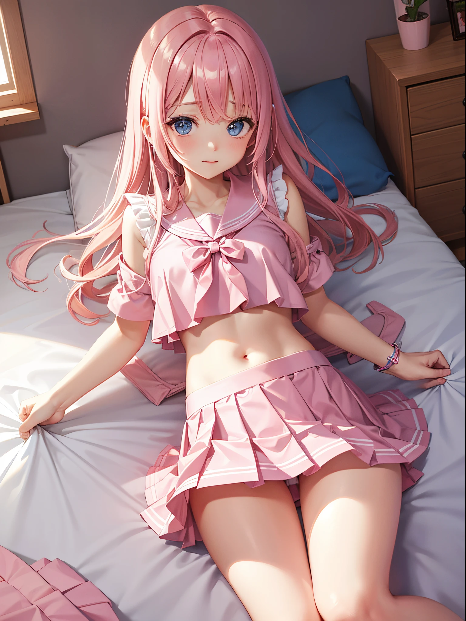 Beautiful illustration、top-quality、cute girl ed room、A pink-haired、length hair、(((Pink pleated skirt)))、(((pink sailor suit)))、shortsleeves、Colossal tits、a navel、Flipping up the skirt with your hands、Show white panties、Please lift up your skirt and show me your panties.、blue eyess、on the beds、lovely thighs、glowing thigh