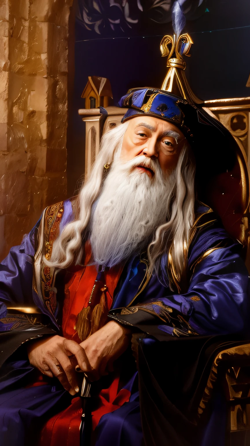 un primer plano de un hombre con una larga barba sentado en una silla, Dumbledore, Retrato de un mago,