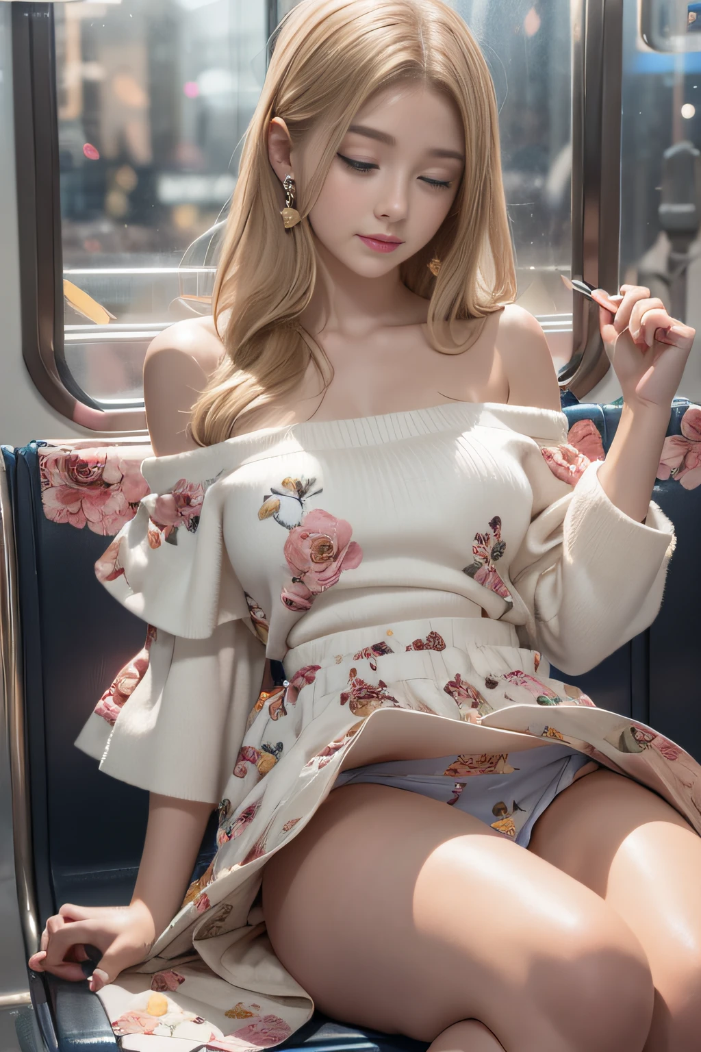 ((Girl sitting on train seat)),bright expression、Young shiny shiny white shiny skin、Best Look Rondo Reflective Light、Platinum blonde hair with dazzling highlights、shiny light hair,、Super long silky straight hair、Beautiful bangs that shine、Glowing crystal clear attractive big blue eyes、Very beautiful nice cute 16 year old girl、Lush bust,Beautiful detailed eyes, beautiful detailed nose,(( Full body:1.5)),Makeup that the eyes emphasize、Royal style，Comic style, , Sub-surface scattering, ornate detail, nature backdrop, Supergianthugebreasts, ((Cinematic)), Dramatic Lighting, masutepiece、((Off-shoulder dress with floral pattern on white background, Mini skirt type:1.4))、(Loose and fluffy perm:1.4)、1 girl in、((Bob Hair:1.3))、Ultra realistic 8K CG, Picture-perfect face, flawless, clean, masutepiece, Professional artwork, famousartwork, Perfect face, Beautiful face, Beautiful eyes, ((Perfect female body)), Solo,(Immersive atmosphere, Chiaroscuro:1.5,Bright light:1.2,Luminous lighting),(blush:0.5),fascinated expression,Extremely detailed_Eyes,thick thighs,Large,beautifullydetailedbackground,depth of fields,Realistic:1.3, longshot,Sitting, Full body, (ambient lights:1.3),(Cinematic composition:1.3),(Neon light:0.1),(nffsw:0.1),Accent Lighting, Black stockings,((Outside the window, Hazy skyscrapers))((White lace panties are visible)),((Eyes closed))