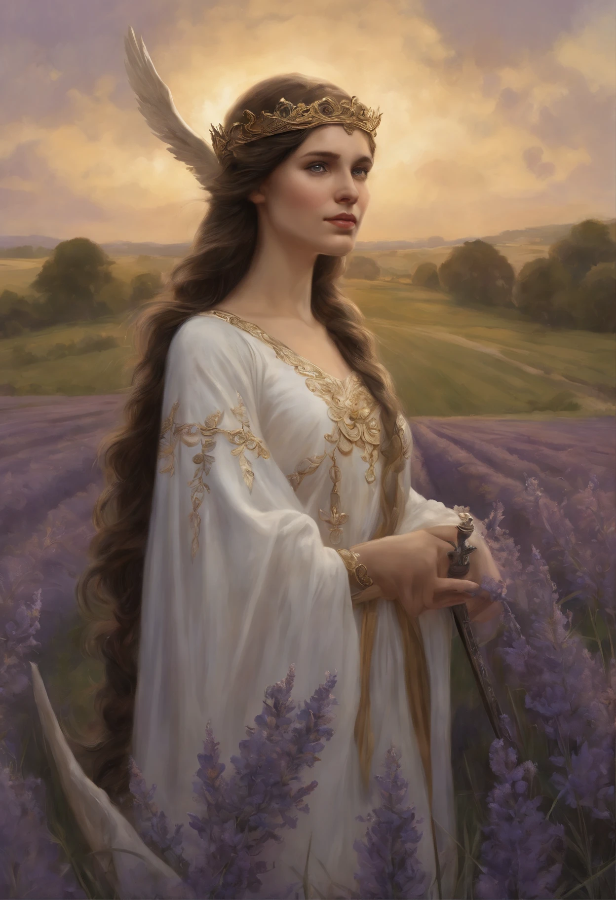 真实感, dark fantasy style, John Tolkien style, Small painting by Jean-Baptiste Monge, portraite of a, looks from the front, Soft facial features,  An angel girl stands in the center of a lavender field,     ,Human Hand, Very clear without flaws with five fingers   ,Bright make-up, Average height, dark pink lips, thin lip shape ,"Cool eyebrows in the shape of Angryburts, dark brown eyes, green colored eyes, drooping eye shape, drooping corner of the eye, looking at away,  black  hair, hair braided in a long thick tight braid,  classic braid, hairstyle with classic braid, duck nose shape slightly snub,  in the hands of the sword of the heavenly warrior,in the form of a Valkyrie,  Carol Buck style, behind his back are huge open angel wings, Sword in hand,Slightly naked, Priestesses, dressed in white and gold clothes, holy golden armor, Celestial Queen, stands in the center of a lavender field, Jean-Baptiste Monge, anthropomorphic --ar 2:3 --testp -optimistic;