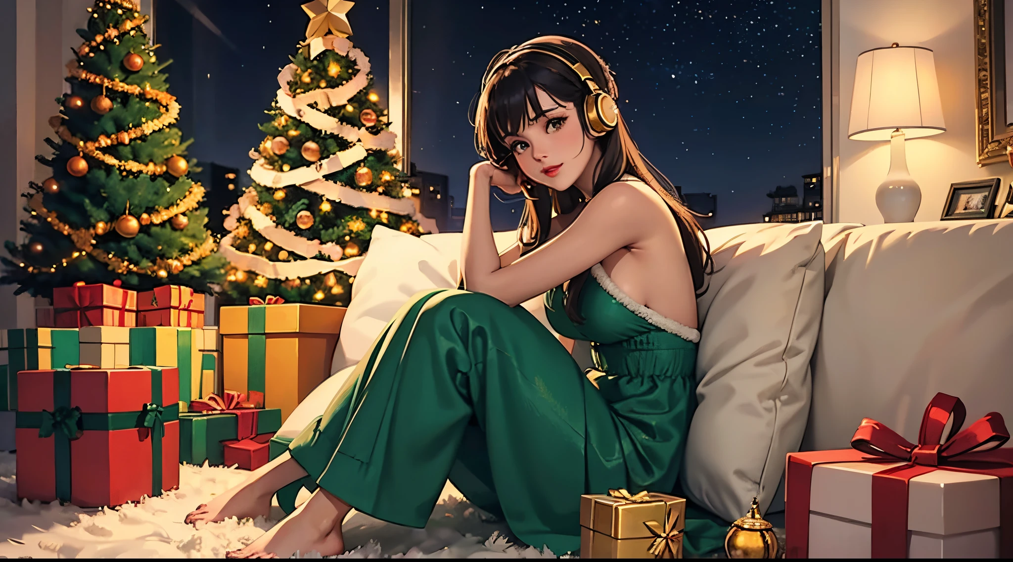 a lofi relaxed girl with headphones sitting on the floor in front of a christmas tree, holiday vibe, christmas night, ✨🕌🌙, christmas decorated, 💋 💄 👠 👗, with a tree in the background, cozy, beautiful, with a tall tree, christmas tree, 🔥 😎 🕹️ 👀 :2, by Miroslava Sviridova, cozy setting